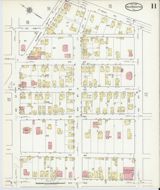 Sanborn Fire Insurance Map from New Brighton, Beaver County, Pennsylvania (1918), Sheet #0011 - Historic Sanborn Fire Insurance Map Print, vintage old map wall art, antique decor, genealogy gift, Pennsylvania Pennsylvania map