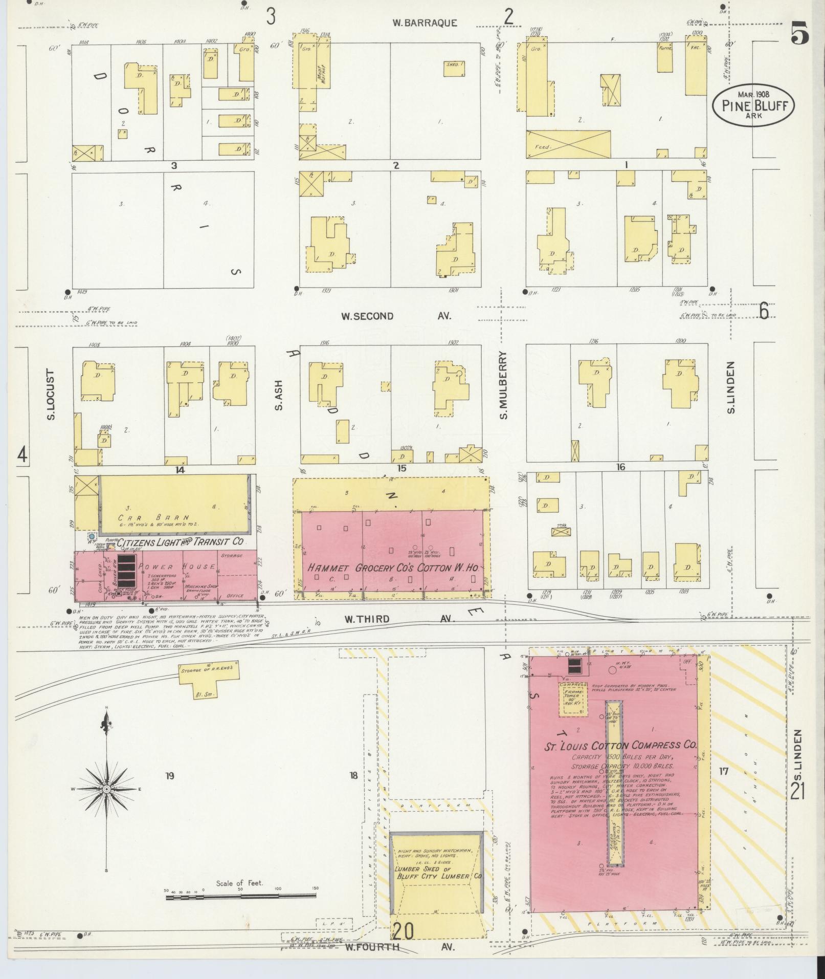 Sanborn Fire Insurance Map from Pine Bluff, Jefferson County, Arkansas (1908), Sheet #0005 - Historic Sanborn Fire Insurance Map Print, vintage old map wall art, antique decor, genealogy gift, Arkansas Arkansas map