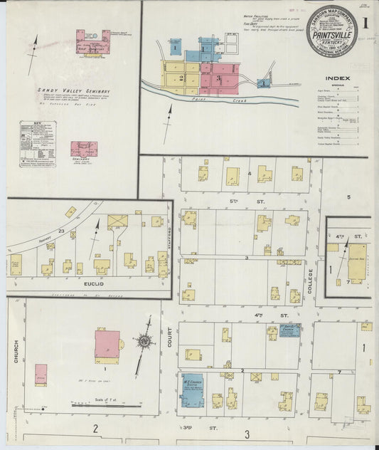 Sanborn Fire Insurance Map from Paintsville, Johnson County, Kentucky (1910), Sheet #0001 - Historic Sanborn Fire Insurance Map Print, vintage old map wall art, antique decor, genealogy gift, Kentucky Kentucky map