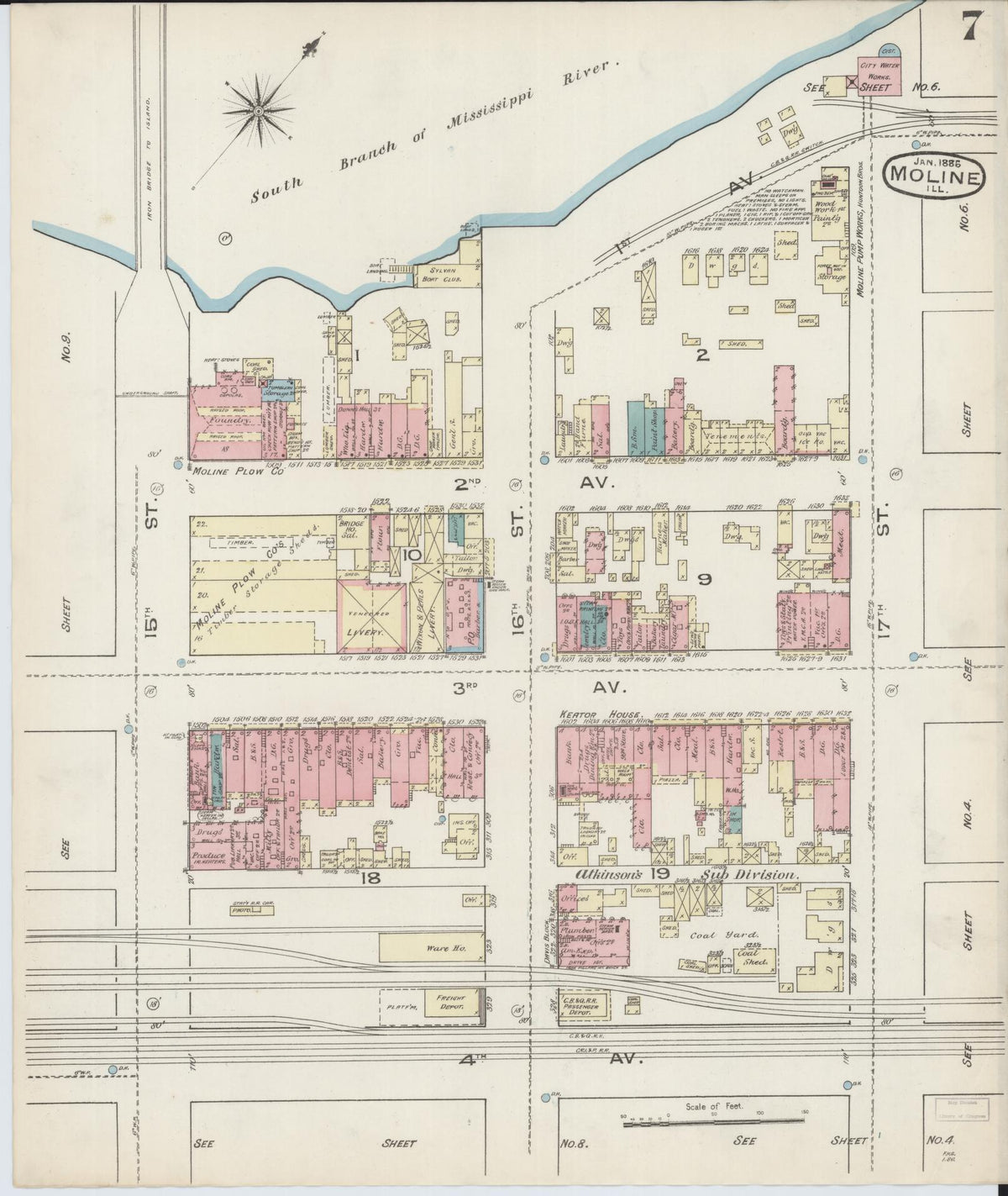 Sanborn Fire Insurance Map from Moline, Rock Island County, Illinois (1886), Sheet #0007 - Historic Sanborn Fire Insurance Map Print, vintage old map wall art, antique decor, genealogy gift, Illinois Illinois map