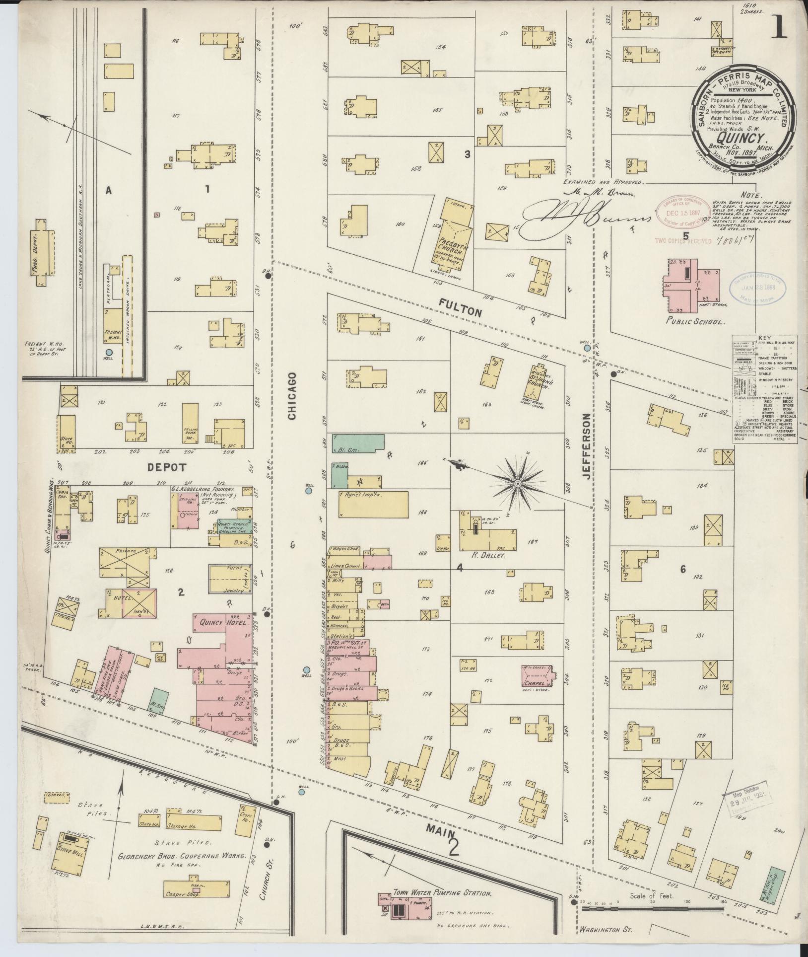 Sanborn Fire Insurance Map from Quincy, Branch County, Michigan (1897), Sheet #0001 - Complete Map Set gallery image, historic Sanborn map, vintage wall art, Michigan Michigan