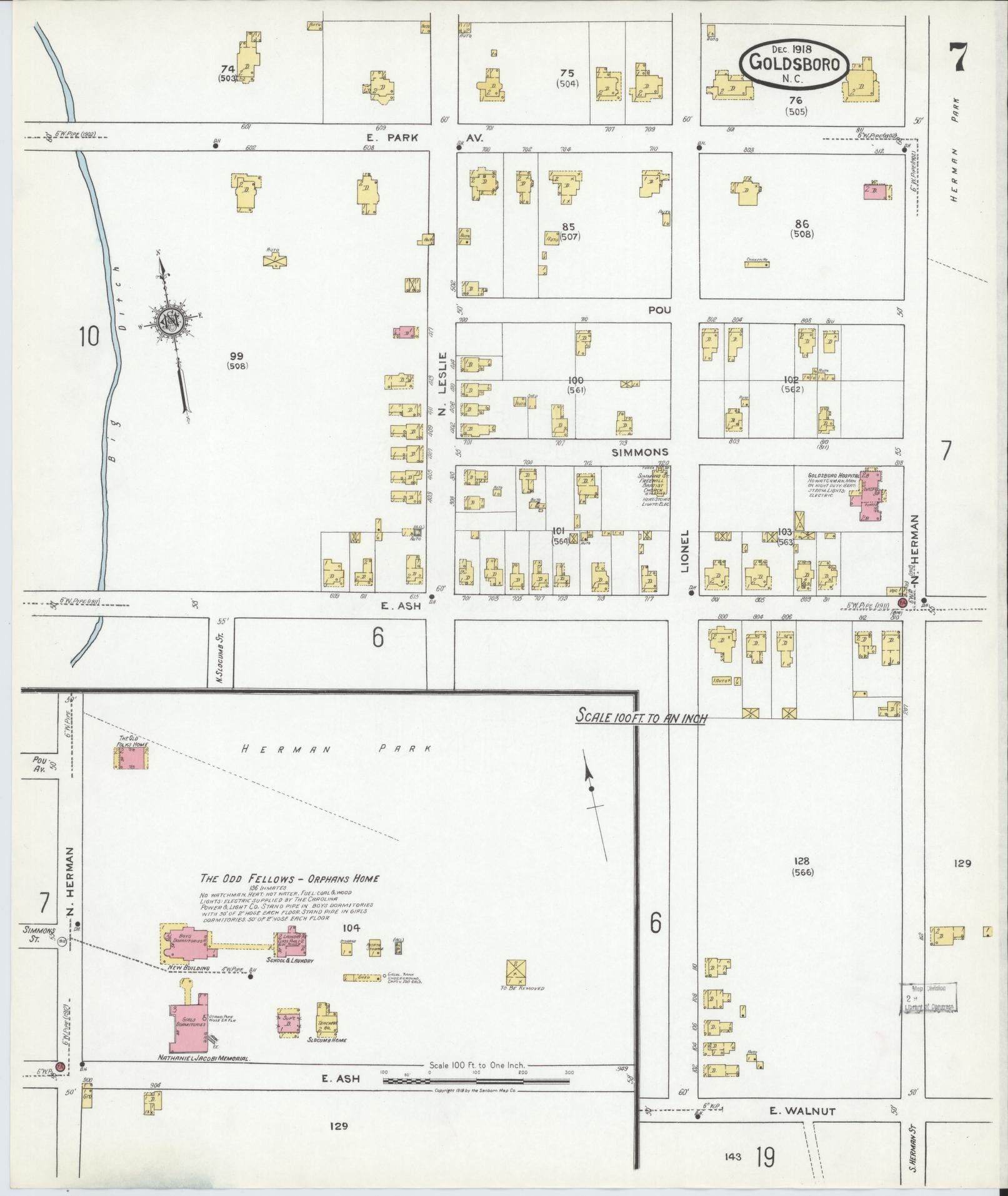 Sanborn Fire Insurance Map from Goldsboro, Wayne County, North Carolina (1918), Sheet #0007 - Complete Map Set gallery image, historic Sanborn map, vintage wall art, North Carolina North Carolina