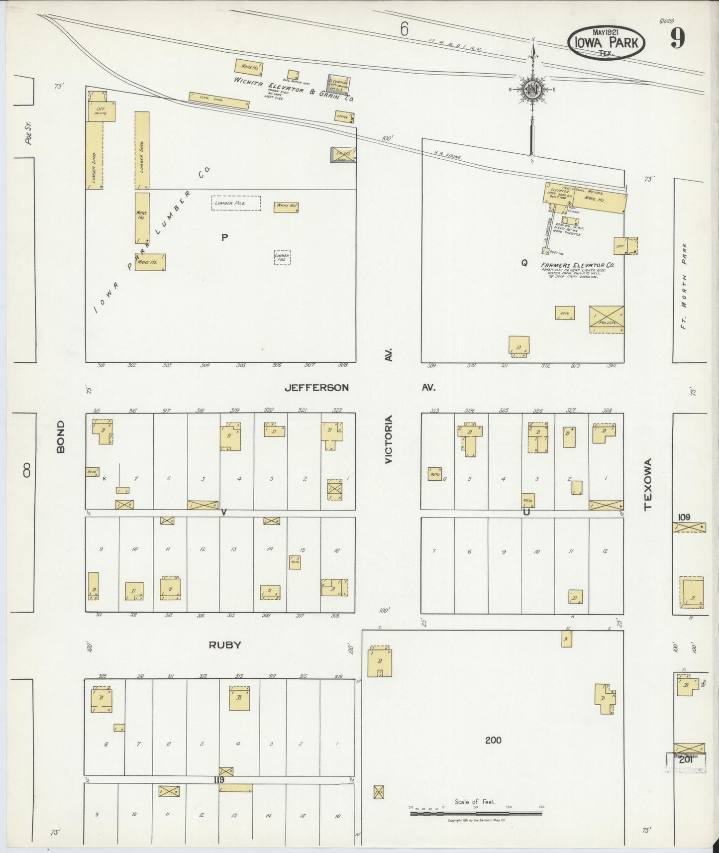 Sanborn Fire Insurance Map from Iowa Park, Wichita County, Texas (1921), Sheet #0009 - Historic Sanborn Fire Insurance Map Print, vintage old map wall art
