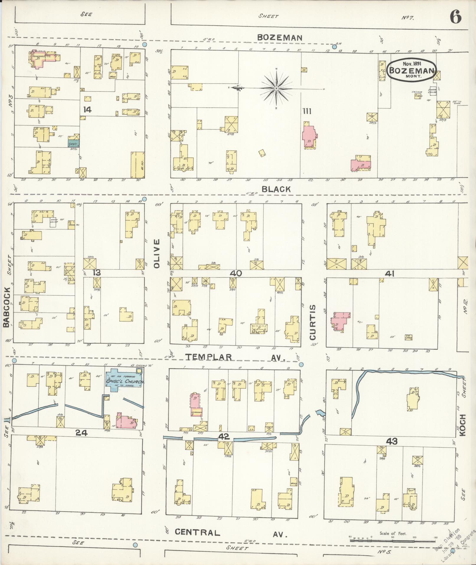 Sanborn Fire Insurance Map from Bozeman, Gallatin County, Montana (1891), Sheet #0006 - Complete Map Set gallery image, historic Sanborn map, vintage wall art, Montana Montana