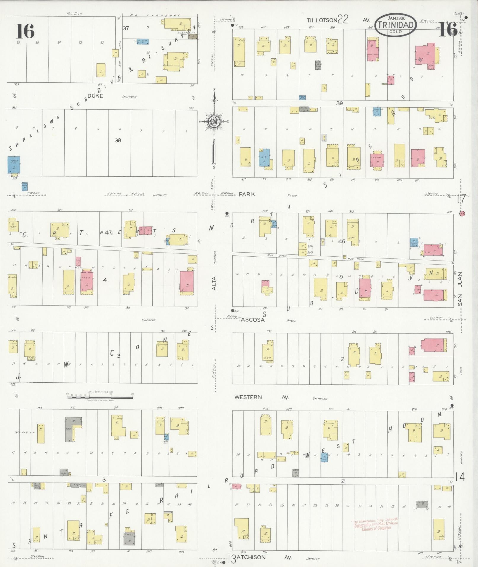 Sanborn Fire Insurance Map from Trinidad, Las Animas County, Colorado (1930), Sheet #0016 - Historic Sanborn Fire Insurance Map Print, vintage old map wall art, antique decor, genealogy gift, Colorado Colorado map