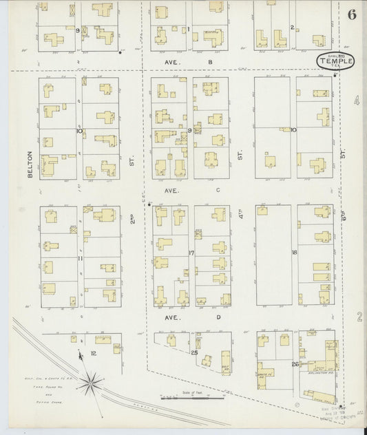 Sanborn Fire Insurance Map from Temple, Bell County, Texas (1893), Sheet #0006 - Historic Sanborn Fire Insurance Map Print, vintage old map wall art, antique decor, genealogy gift, Texas Texas map