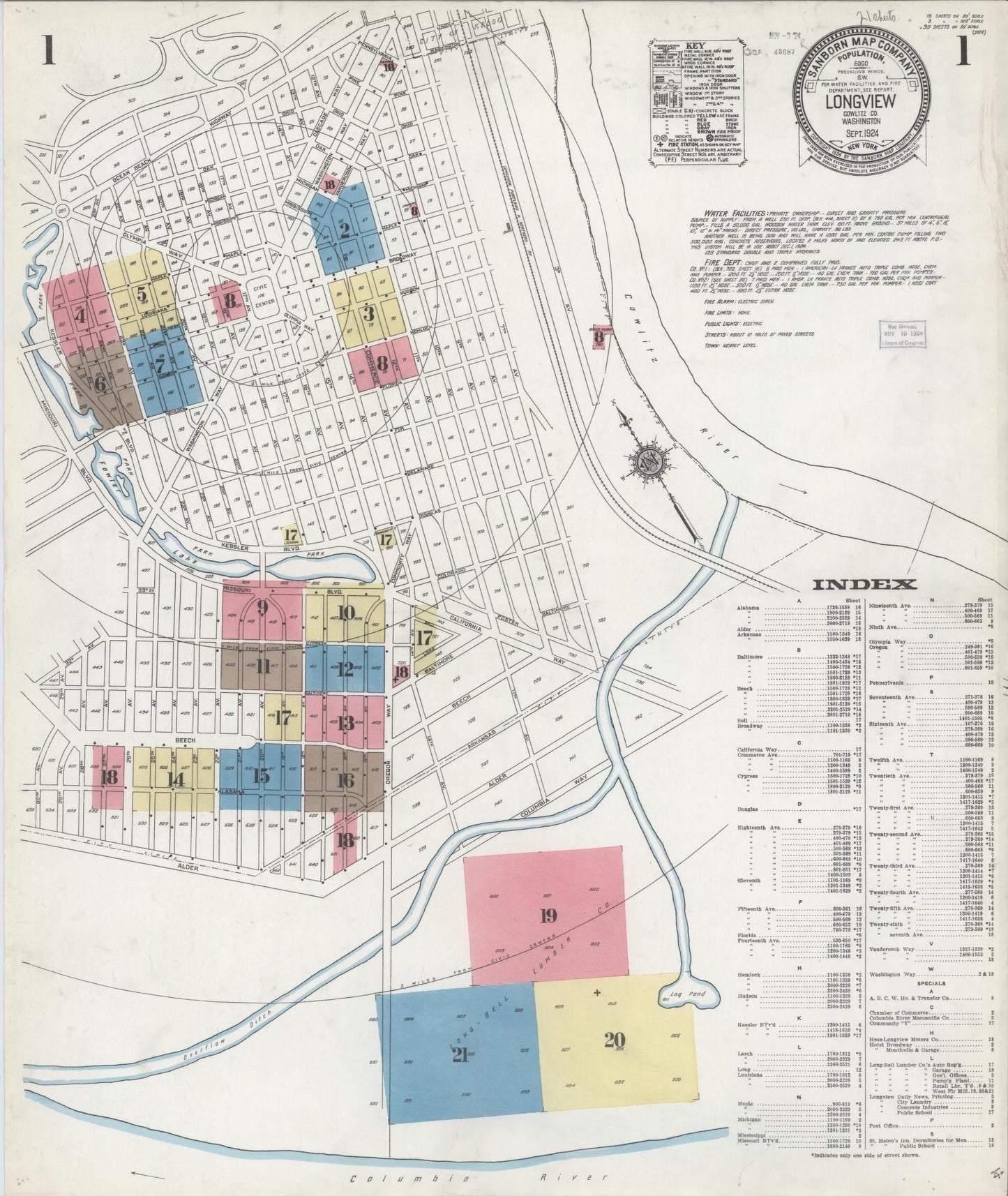 Sanborn Fire Insurance Map from Longview, Cowlitz County, Washington (1924), Sheet #0001 - Historic Sanborn Fire Insurance Map Print, vintage old map wall art, antique decor, genealogy gift, Washington Washington map