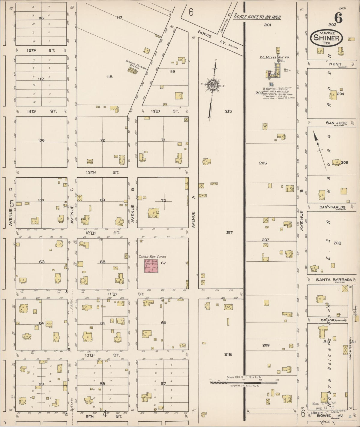 Sanborn Fire Insurance Map from Shiner, Lavaca County, Texas (1922), Sheet #0006 - Complete Map Set gallery image, historic Sanborn map, vintage wall art, Texas Texas
