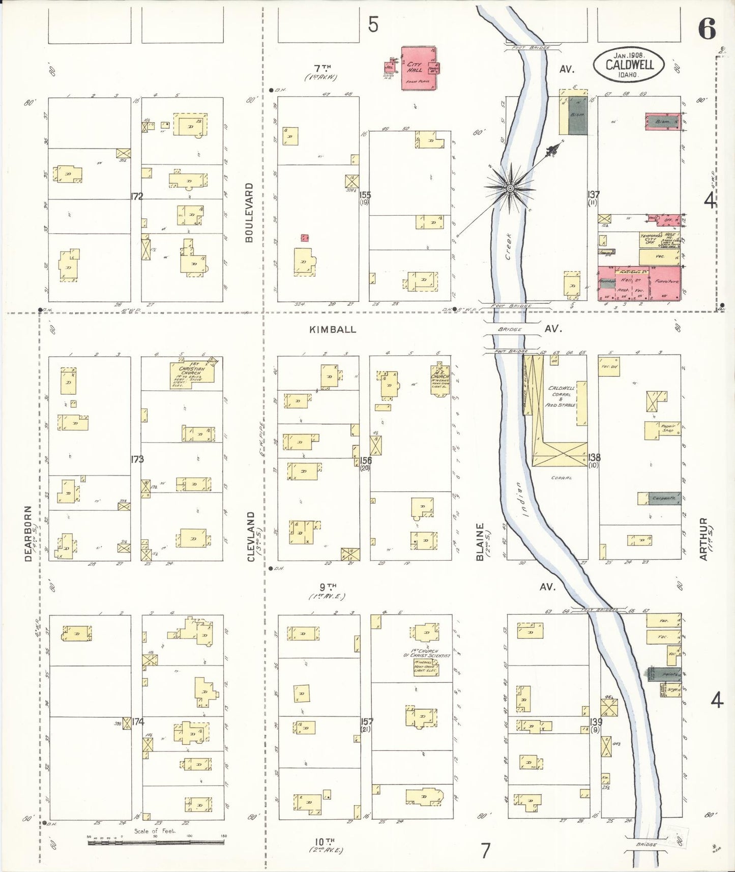 Sanborn Fire Insurance Map from Caldwell, Canyon County, Idaho (1908), Sheet #0006 - Historic Sanborn Fire Insurance Map Print, vintage old map wall art, antique decor, genealogy gift, Idaho Idaho map