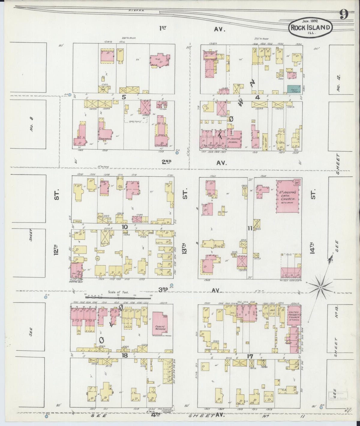 Sanborn Fire Insurance Map from Rock Island, Rock Island County, Illinois (1892), Sheet #0009 - Historic Sanborn Fire Insurance Map Print, vintage old map wall art, antique decor, genealogy gift, Illinois Illinois map