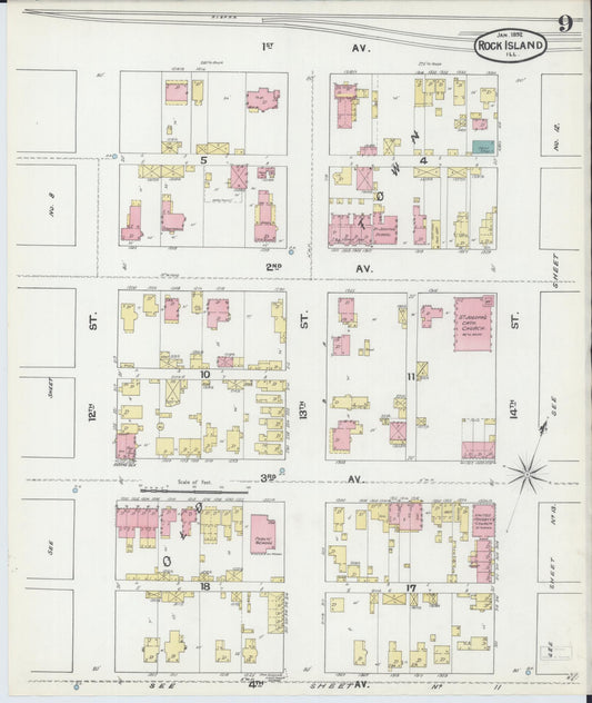 Sanborn Fire Insurance Map from Rock Island, Rock Island County, Illinois (1892), Sheet #0009 - Historic Sanborn Fire Insurance Map Print, vintage old map wall art, antique decor, genealogy gift, Illinois Illinois map