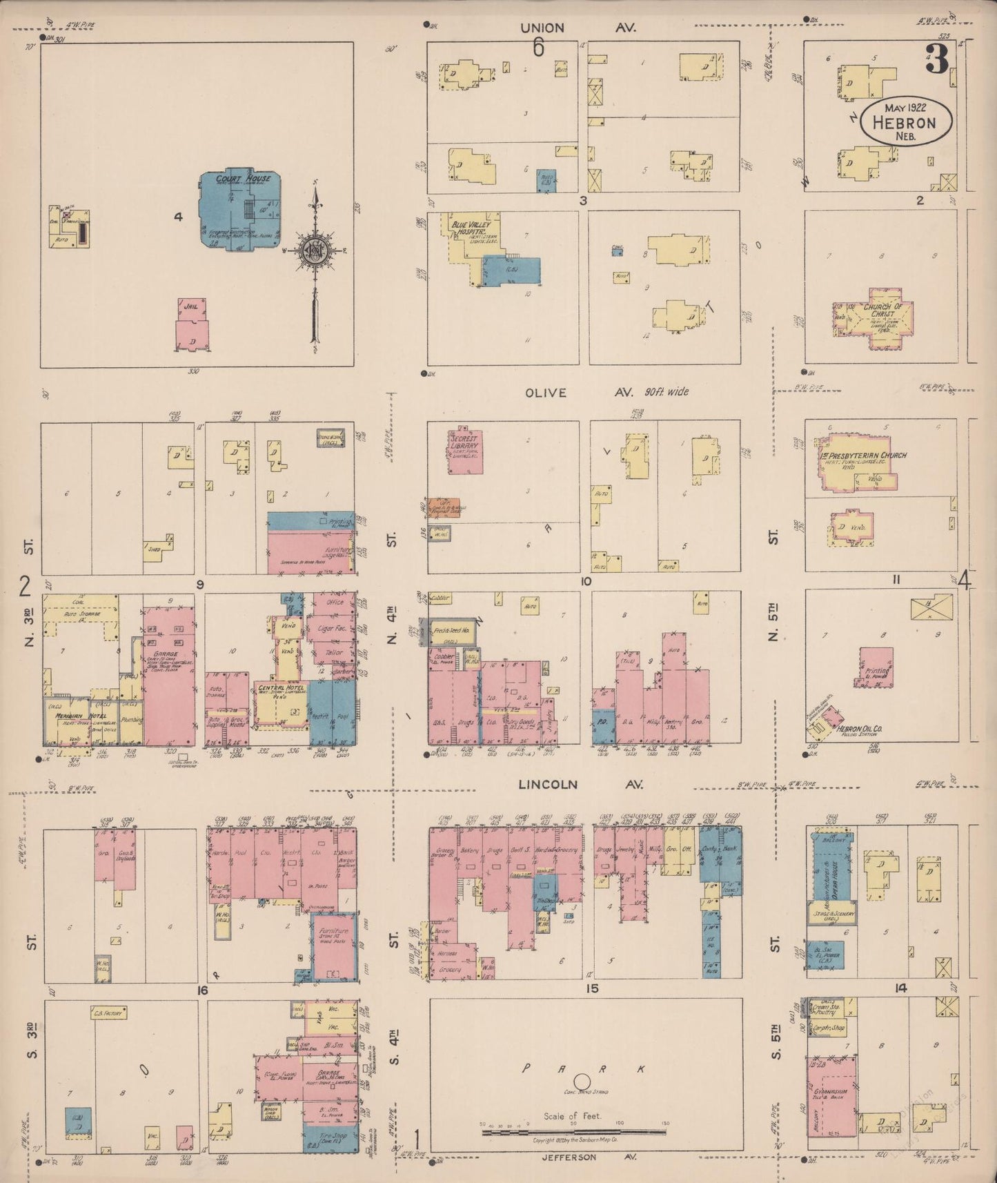 Sanborn Fire Insurance Map from Hebron, Thayer County, Nebraska (1922), Sheet #0003 - Complete Map Set gallery image, historic Sanborn map, vintage wall art, Nebraska Nebraska