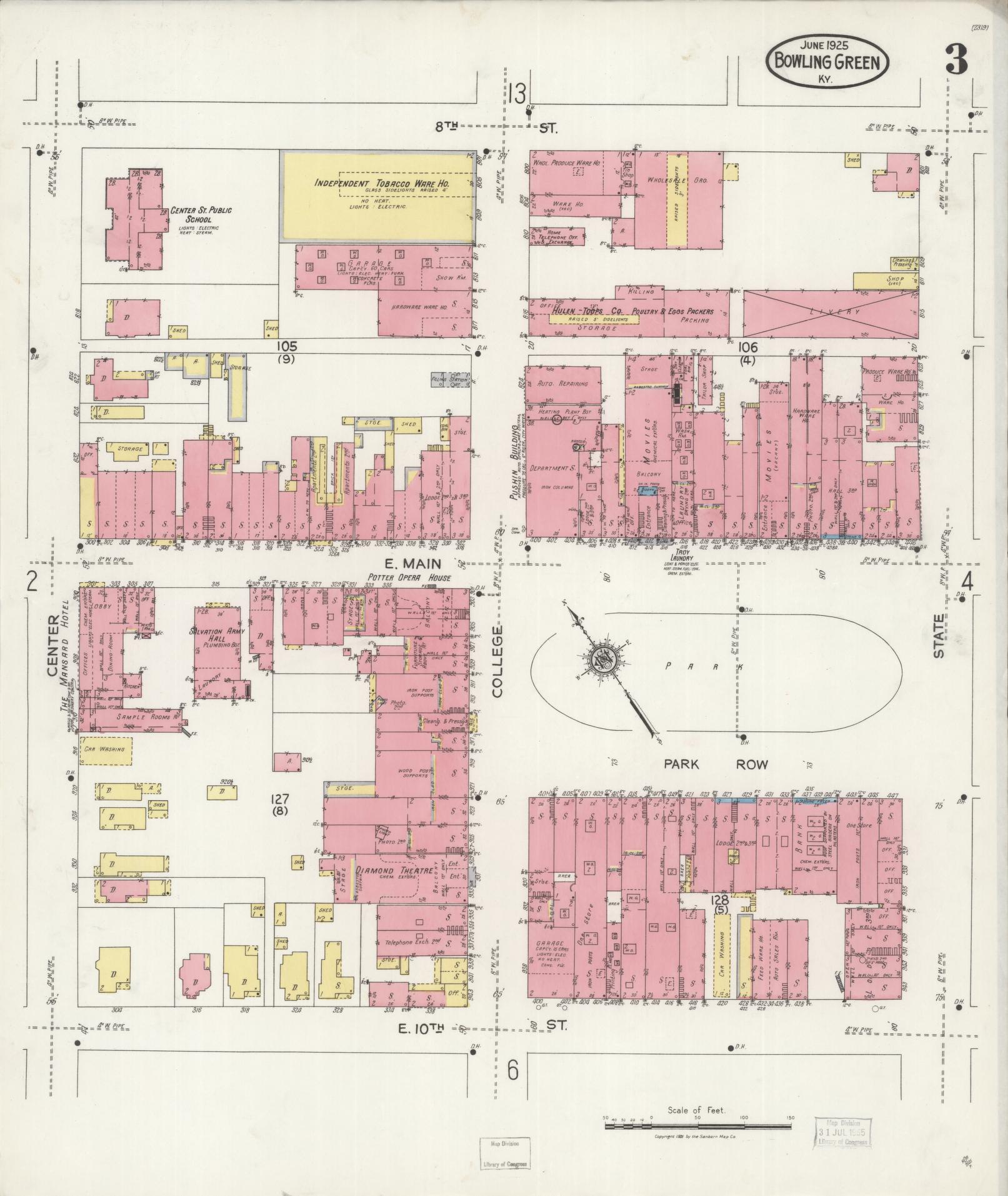 Sanborn Fire Insurance Map from Bowling Green, Warren County, Kentucky (1925), Sheet #0003 - Historic Sanborn Fire Insurance Map Print, vintage old map wall art, antique decor, genealogy gift, Kentucky Kentucky map