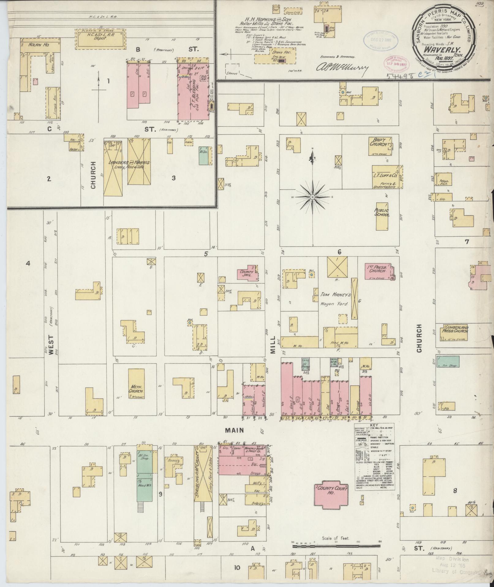 Sanborn Fire Insurance Map from Waverly, Humphreys  County, Tennessee. (1897) – Historic Sanborn Fire Insurance Map Print