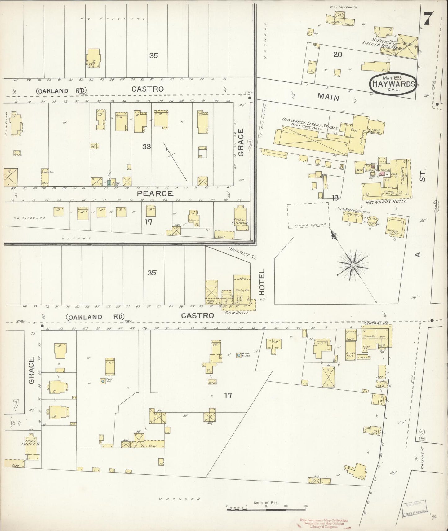 Sanborn Fire Insurance Map from Hayward, Alameda County, California (1893), Sheet #0007 - Complete Map Set gallery image, historic Sanborn map, vintage wall art, California California