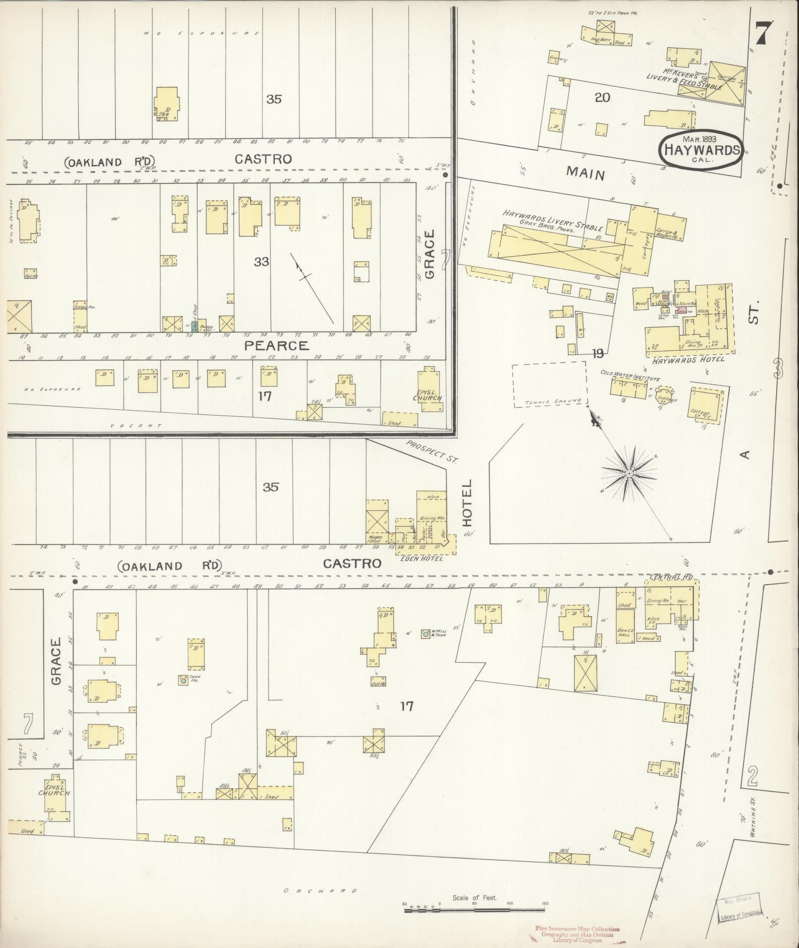 Sanborn Fire Insurance Map from Hayward, Alameda County, California (1893), Sheet #0007 - Complete Map Set gallery image, historic Sanborn map, vintage wall art, California California