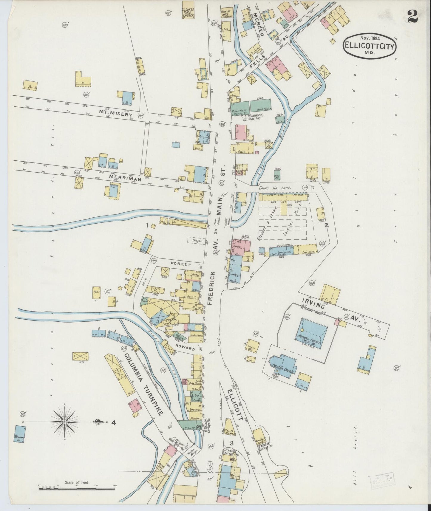 Sanborn Fire Insurance Map from Ellicott City, Howard County, Maryland (1894), Sheet #0002 - Historic Sanborn Fire Insurance Map Print, vintage old map wall art, antique decor, genealogy gift, Maryland Maryland map