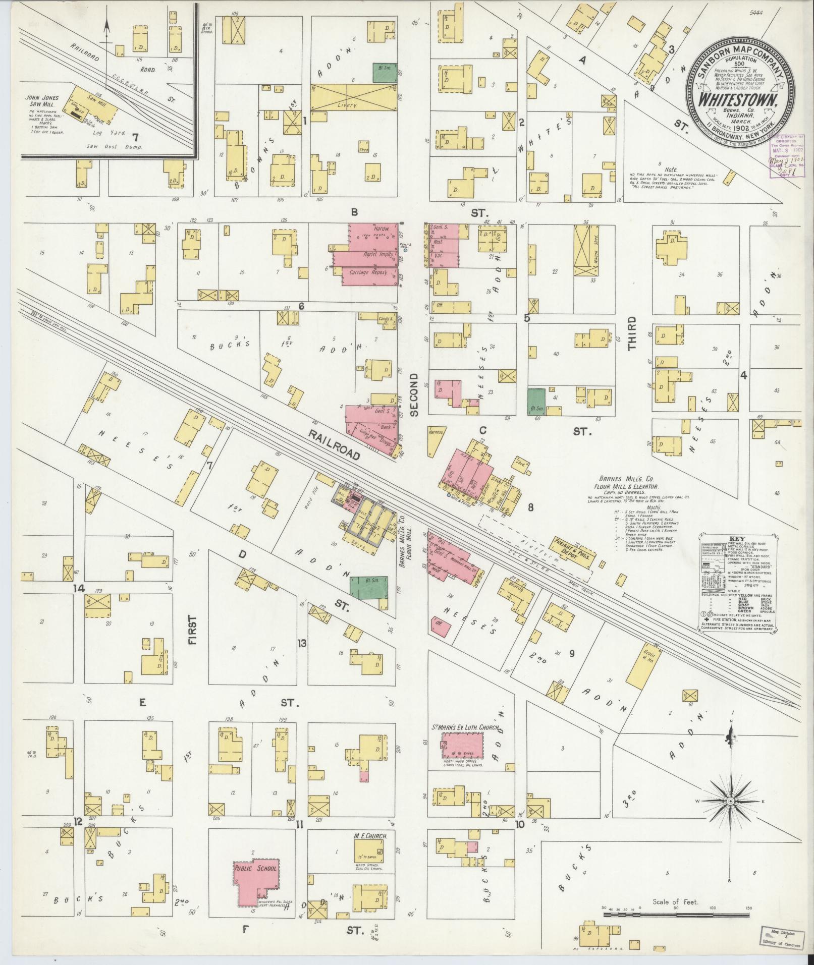 Sanborn Fire Insurance Map from Whitestown, Boone County, Indiana (1902), Sheet #0001 - Historic Sanborn Fire Insurance Map Print, vintage old map wall art, antique decor, genealogy gift, Indiana Indiana map