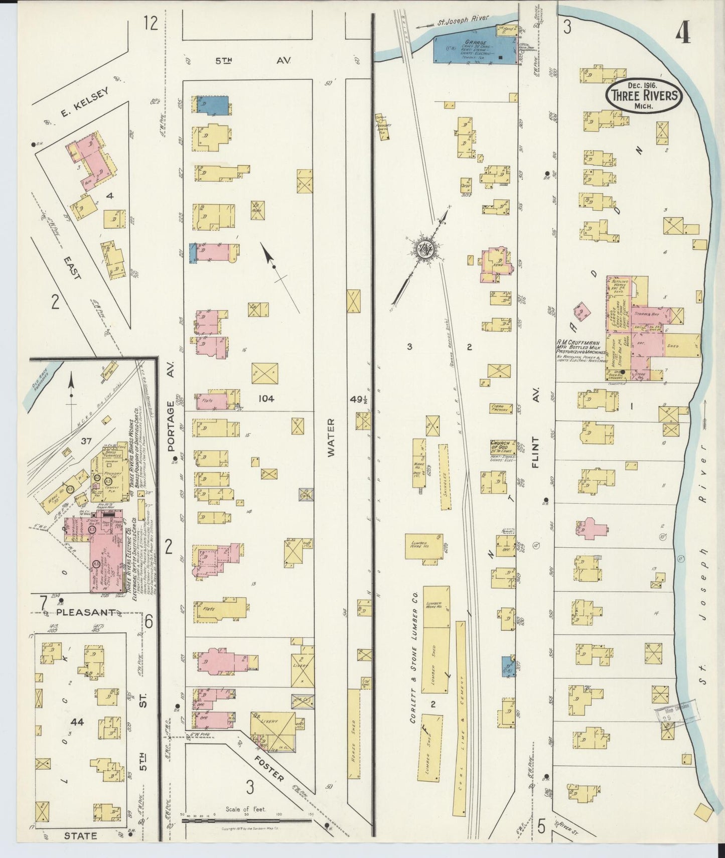 Sanborn Fire Insurance Map from Three Rivers, Saint Joseph County, Michigan (1916), Sheet #0004 - Historic Sanborn Fire Insurance Map Print, vintage old map wall art, antique decor, genealogy gift, Michigan Michigan map