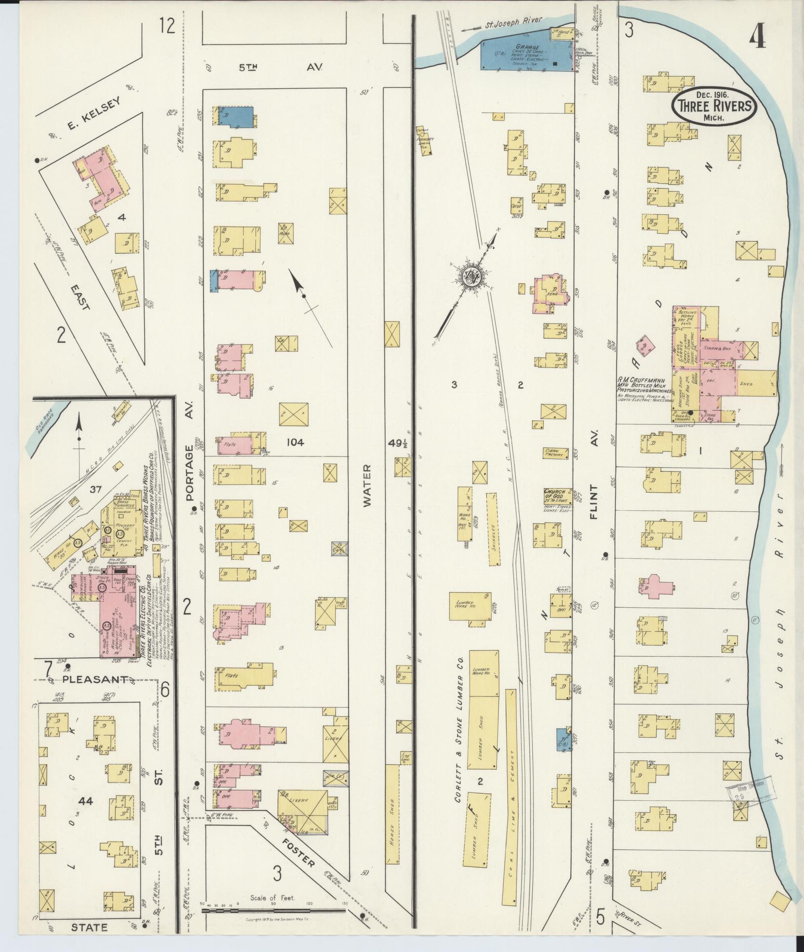 Sanborn Fire Insurance Map from Three Rivers, Saint Joseph County, Michigan (1916), Sheet #0004 - Historic Sanborn Fire Insurance Map Print, vintage old map wall art, antique decor, genealogy gift, Michigan Michigan map