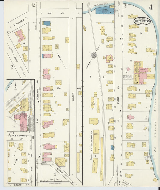 Sanborn Fire Insurance Map from Three Rivers, Saint Joseph County, Michigan (1916), Sheet #0004 - Historic Sanborn Fire Insurance Map Print, vintage old map wall art, antique decor, genealogy gift, Michigan Michigan map