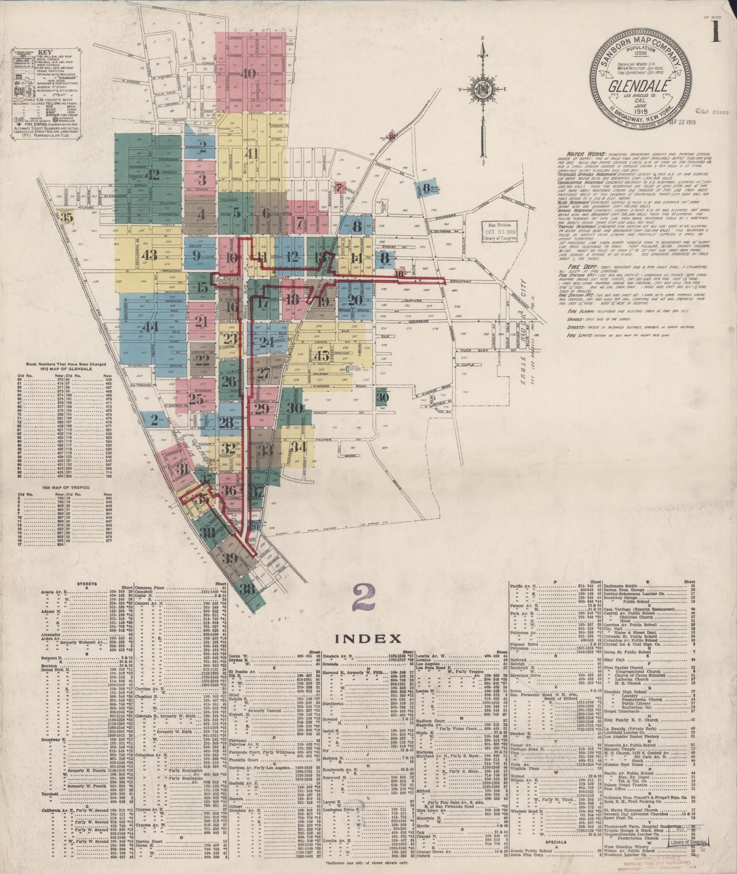 Sanborn Fire Insurance Map from Glendale, Los Angeles County, California (1919), Sheet #0001 - Historic Sanborn Fire Insurance Map Print, vintage old map wall art, antique decor, genealogy gift, California California map