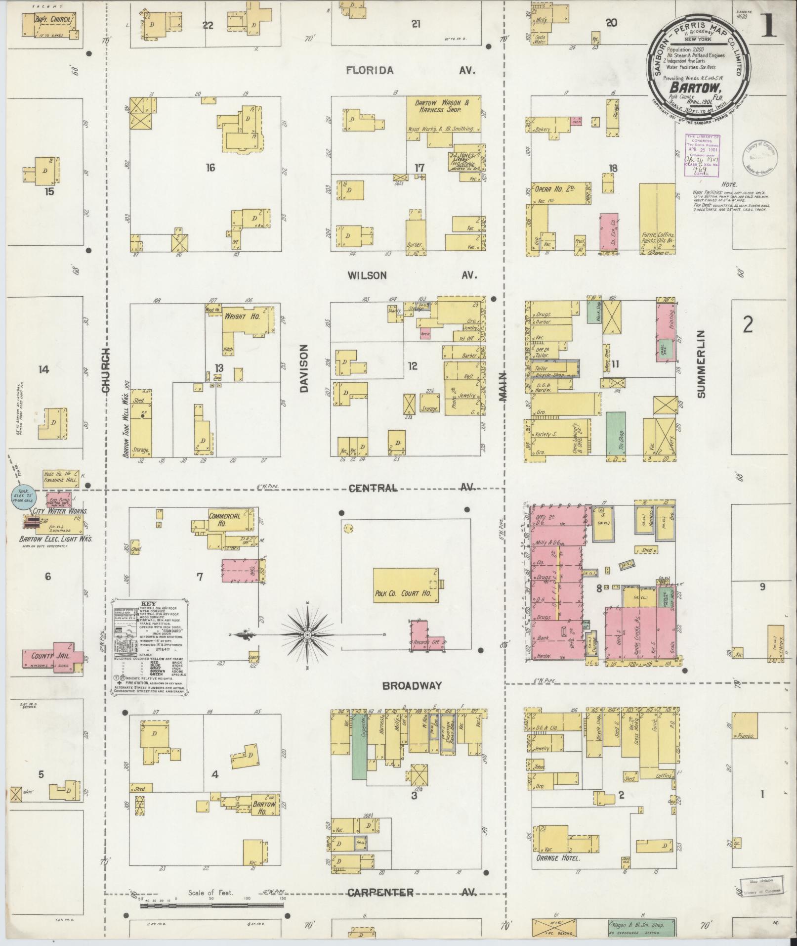 Sanborn Fire Insurance Map from Bartow, Polk County, Florida (1901), Sheet #0001 - Historic Sanborn Fire Insurance Map Print, vintage old map wall art, antique decor, genealogy gift, Florida Florida map