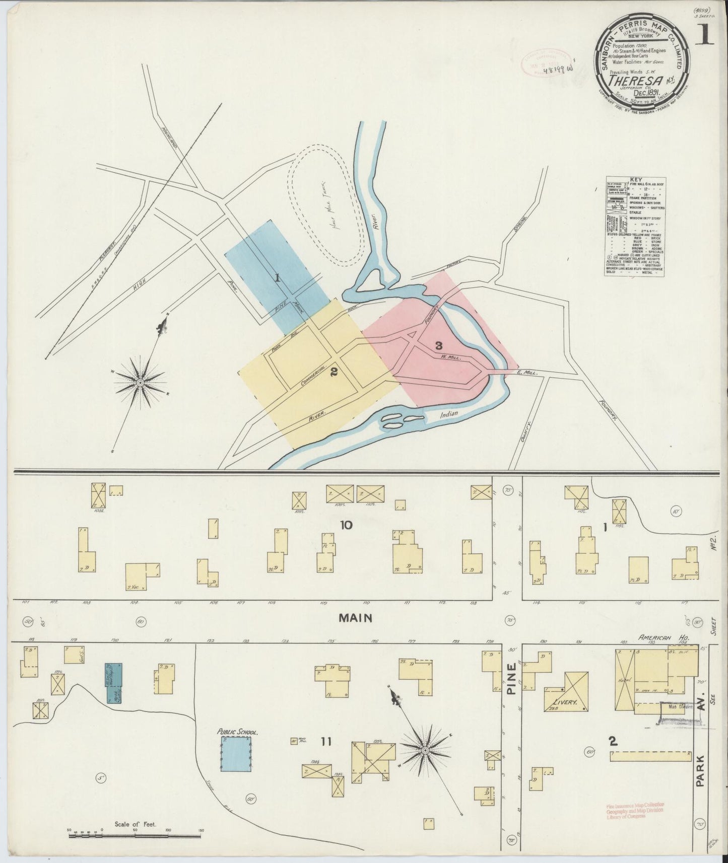 Sanborn Fire Insurance Map from Theresa, Jefferson County, New York (1891), Sheet #0001 - Historic Sanborn Fire Insurance Map Print, vintage old map wall art, antique decor, genealogy gift, New York New York map