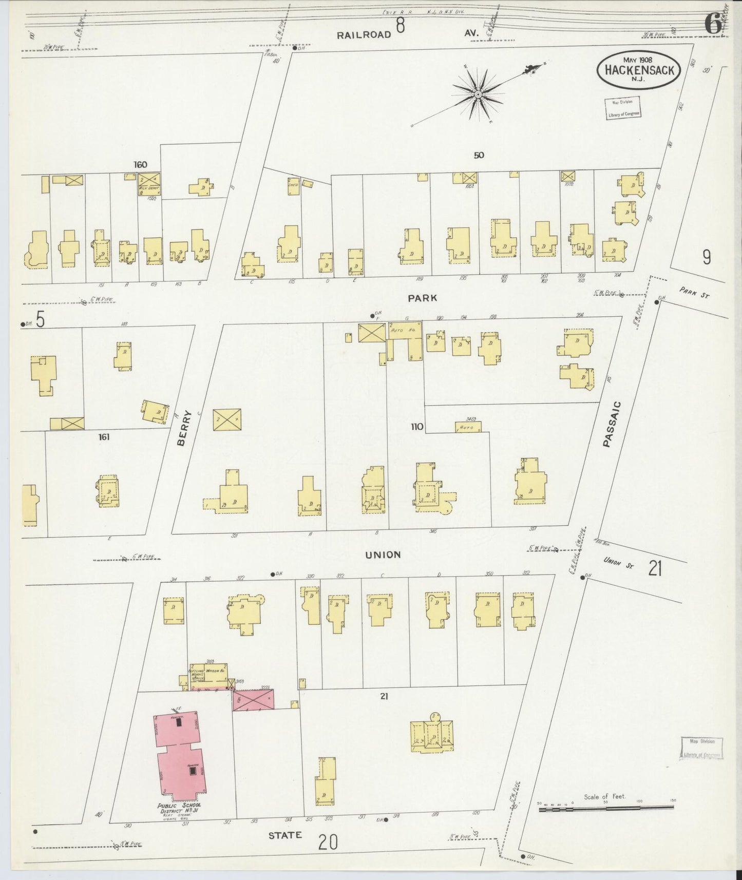 Sanborn Fire Insurance Map from Hackensack, Bergen County, New Jersey (1908), Sheet #0006 - Complete Map Set gallery image, historic Sanborn map, vintage wall art, New Jersey New Jersey