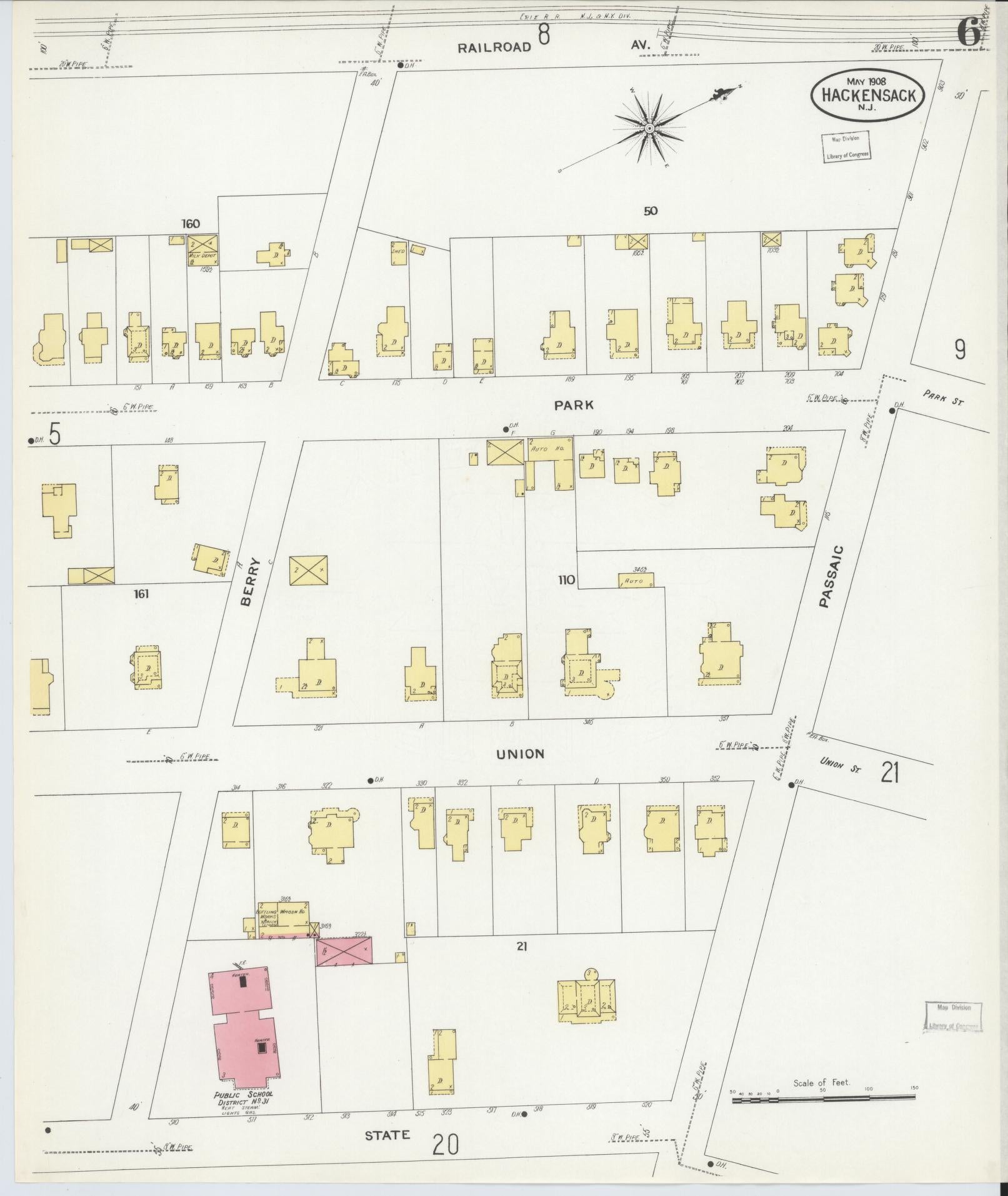 Sanborn Fire Insurance Map from Hackensack, Bergen County, New Jersey (1908), Sheet #0006 - Complete Map Set gallery image, historic Sanborn map, vintage wall art, New Jersey New Jersey