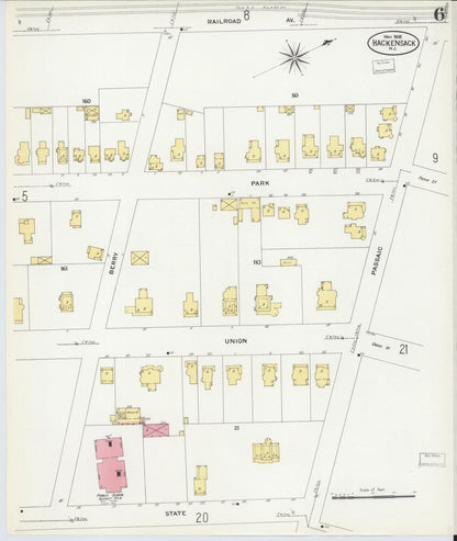Sanborn Fire Insurance Map from Hackensack, Bergen County, New Jersey (1908), Sheet #0006 - Complete Map Set gallery image, historic Sanborn map, vintage wall art, New Jersey New Jersey