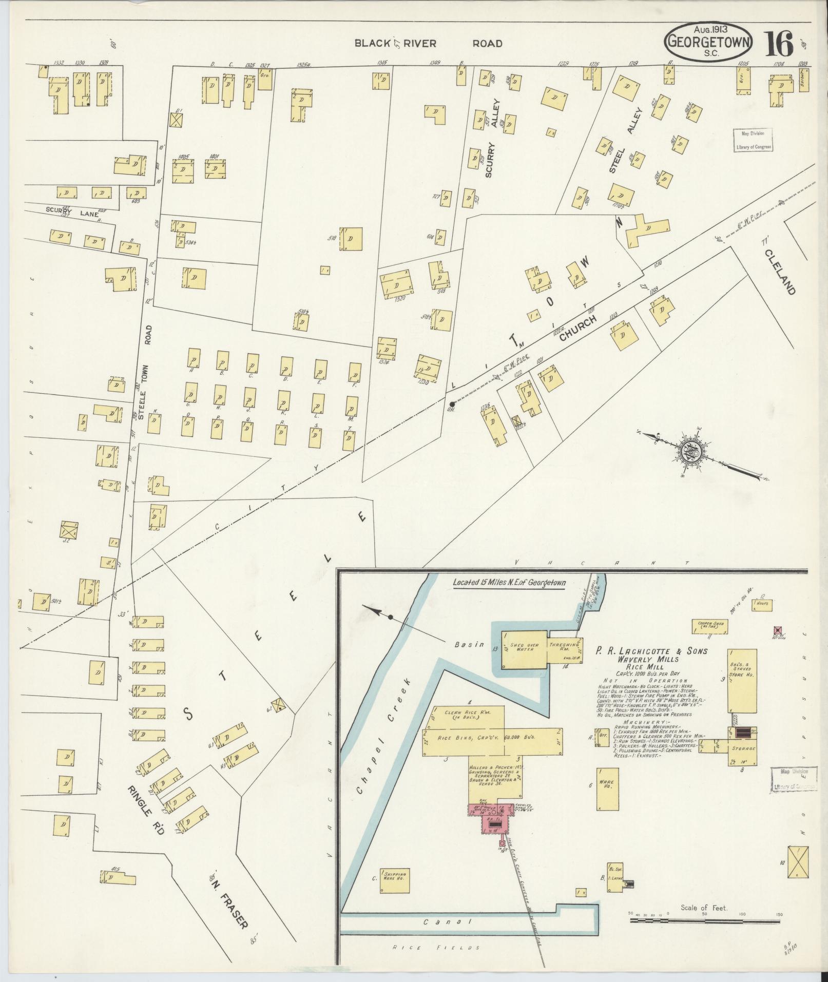 Sanborn Fire Insurance Map from Georgetown, Georgetown County, South Carolina (1913), Sheet #0016 - Historic Sanborn Fire Insurance Map Print, vintage old map wall art, antique decor, genealogy gift, South Carolina South Carolina map