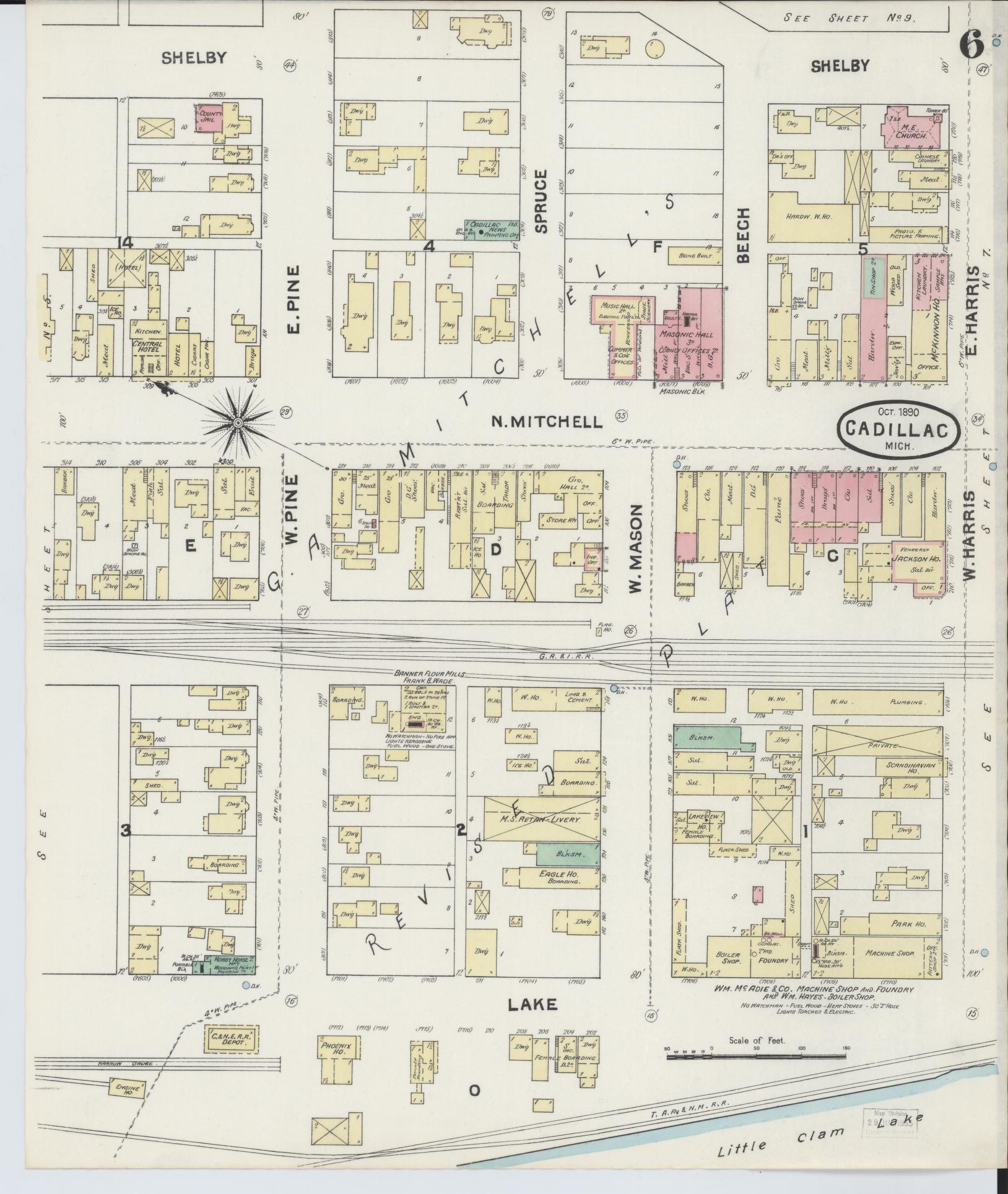 Sanborn Fire Insurance Map from Cadillac, Wexford County, Michigan (1890), Sheet #0006 - Complete Map Set gallery image, historic Sanborn map, vintage wall art, Michigan Michigan