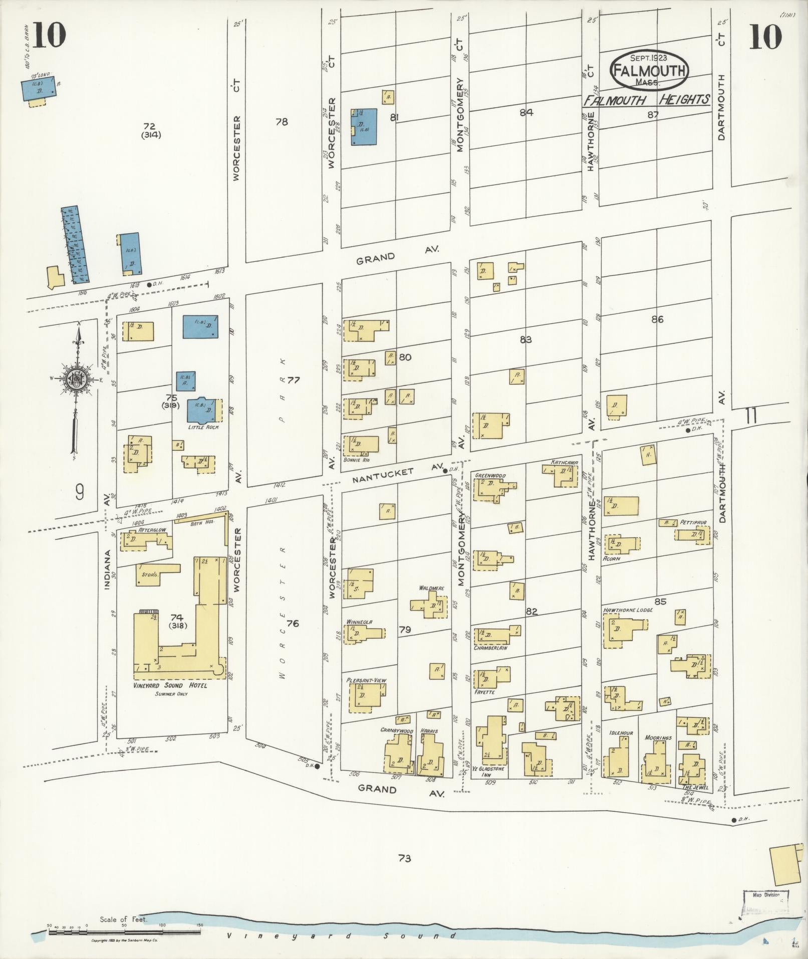 Sanborn Fire Insurance Map from Falmouth, Barnstable County, Massachusetts (1923), Sheet #0010 - Historic Sanborn Fire Insurance Map Print, vintage old map wall art, antique decor, genealogy gift, Massachusetts Massachusetts map