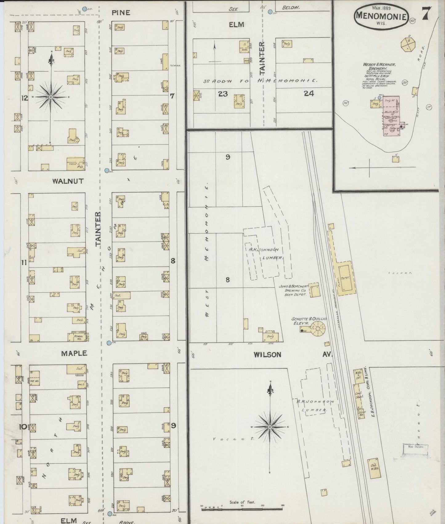 Sanborn Fire Insurance Map from Menomonie, Dunn County, Wisconsin (1889), Sheet #0007 - Complete Map Set gallery image, historic Sanborn map, vintage wall art, Wisconsin Wisconsin