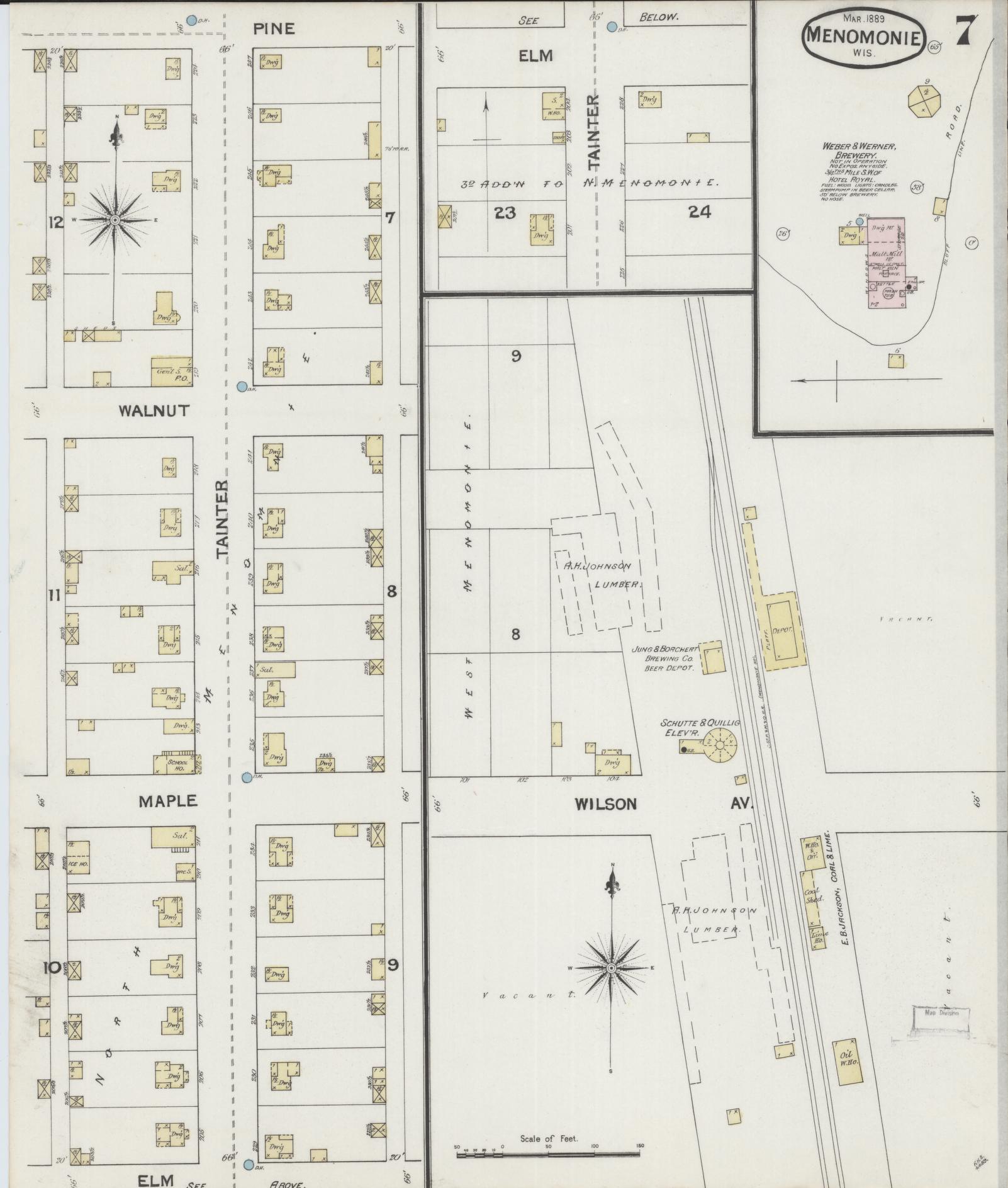 Sanborn Fire Insurance Map from Menomonie, Dunn County, Wisconsin (1889), Sheet #0007 - Complete Map Set gallery image, historic Sanborn map, vintage wall art, Wisconsin Wisconsin