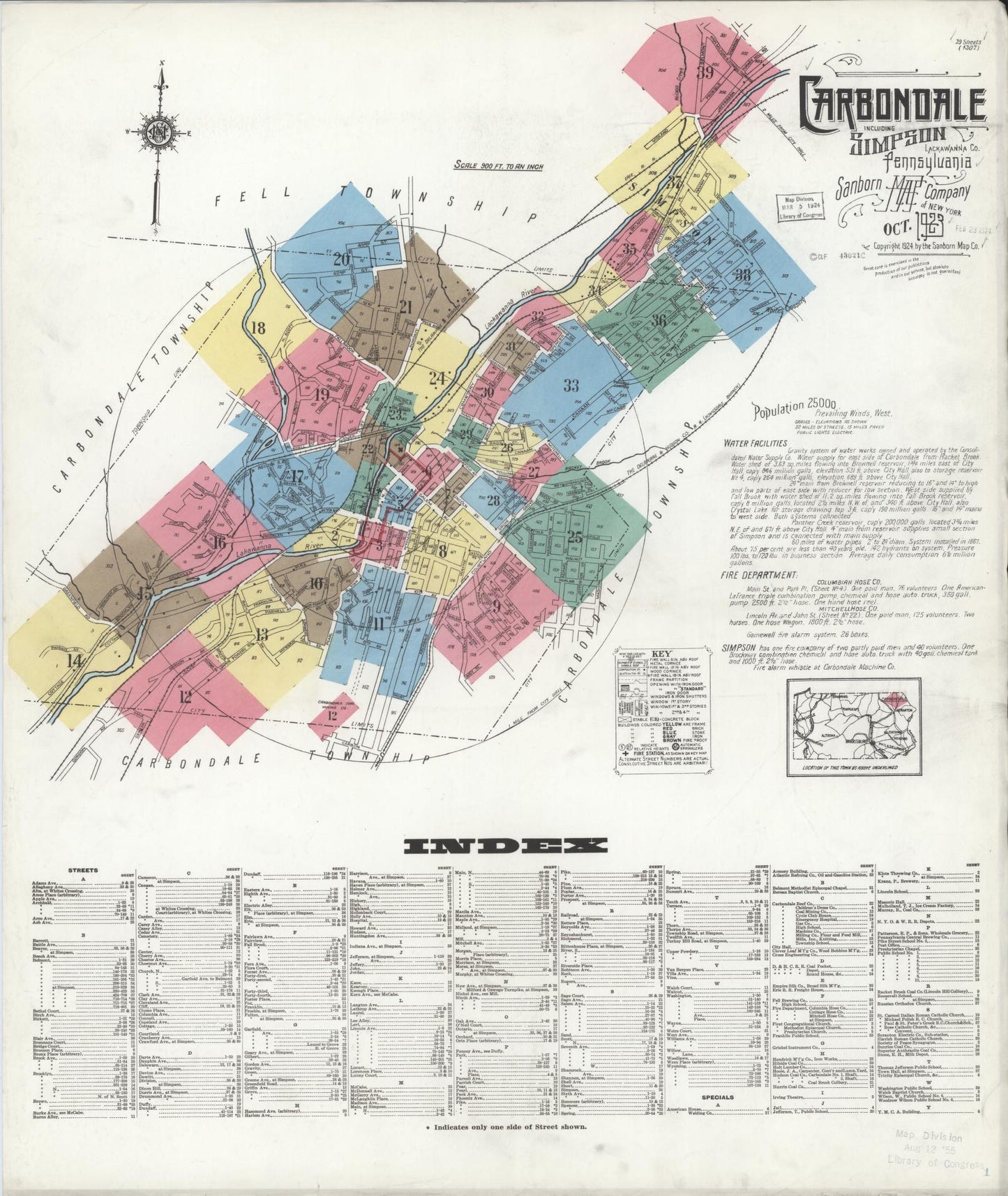 Sanborn Fire Insurance Map from Carbondale, Lackawanna County, Pennsylvania (1923), Sheet #0001 - Historic Sanborn Fire Insurance Map Print, vintage old map wall art, antique decor, genealogy gift, Pennsylvania Pennsylvania map