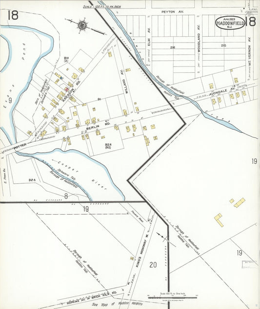 Sanborn Fire Insurance Map from Haddonfield, Camden County, New Jersey (1923), Sheet #0018 - Historic Sanborn Fire Insurance Map Print, vintage old map wall art, antique decor, genealogy gift, New Jersey New Jersey map