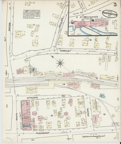 Sanborn Fire Insurance Map from Northampton, Hampshire County, Massachusetts (1884), Sheet #0005 - Historic Sanborn Fire Insurance Map Print, vintage old map wall art, antique decor, genealogy gift, Massachusetts Massachusetts map