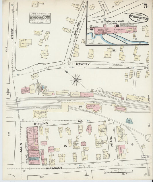 Sanborn Fire Insurance Map from Northampton, Hampshire County, Massachusetts (1884), Sheet #0005 - Historic Sanborn Fire Insurance Map Print, vintage old map wall art, antique decor, genealogy gift, Massachusetts Massachusetts map
