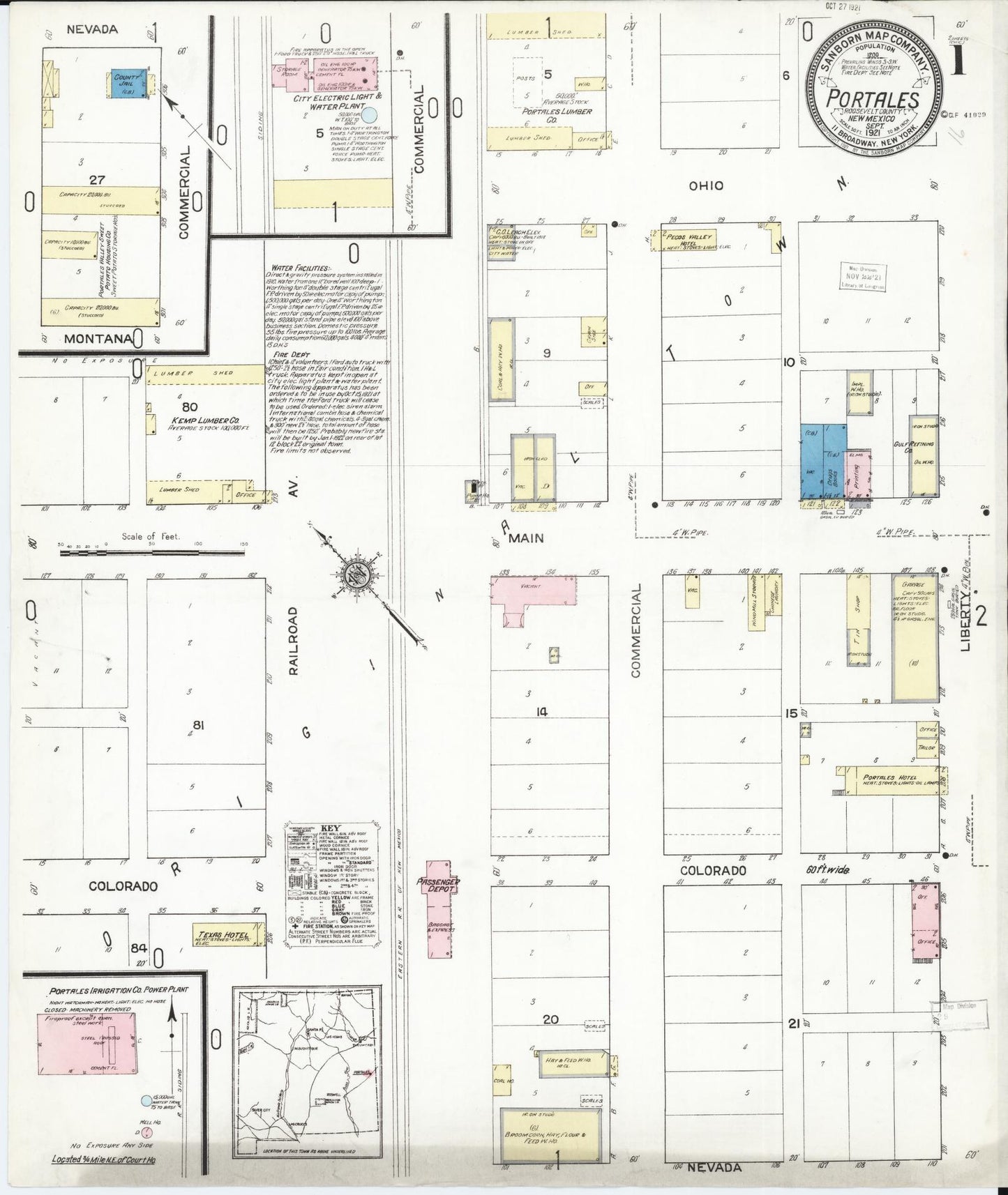 Sanborn Fire Insurance Map from Portales, Roosevelt County, New Mexico (1921), Sheet #0001 - Complete Map Set gallery image, historic Sanborn map, vintage wall art, New Mexico New Mexico