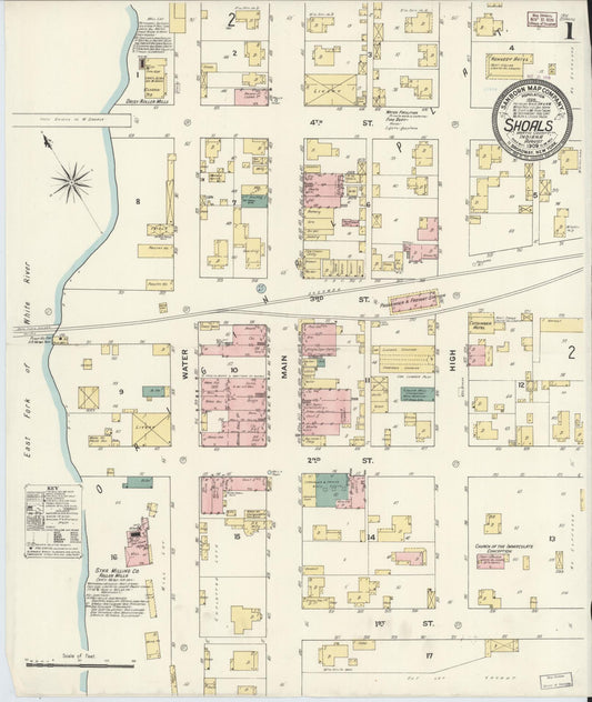 Sanborn Fire Insurance Map from Shoals, Martin County, Indiana (1909), Sheet #0001 - Historic Sanborn Fire Insurance Map Print, vintage old map wall art, antique decor, genealogy gift, Indiana Indiana map
