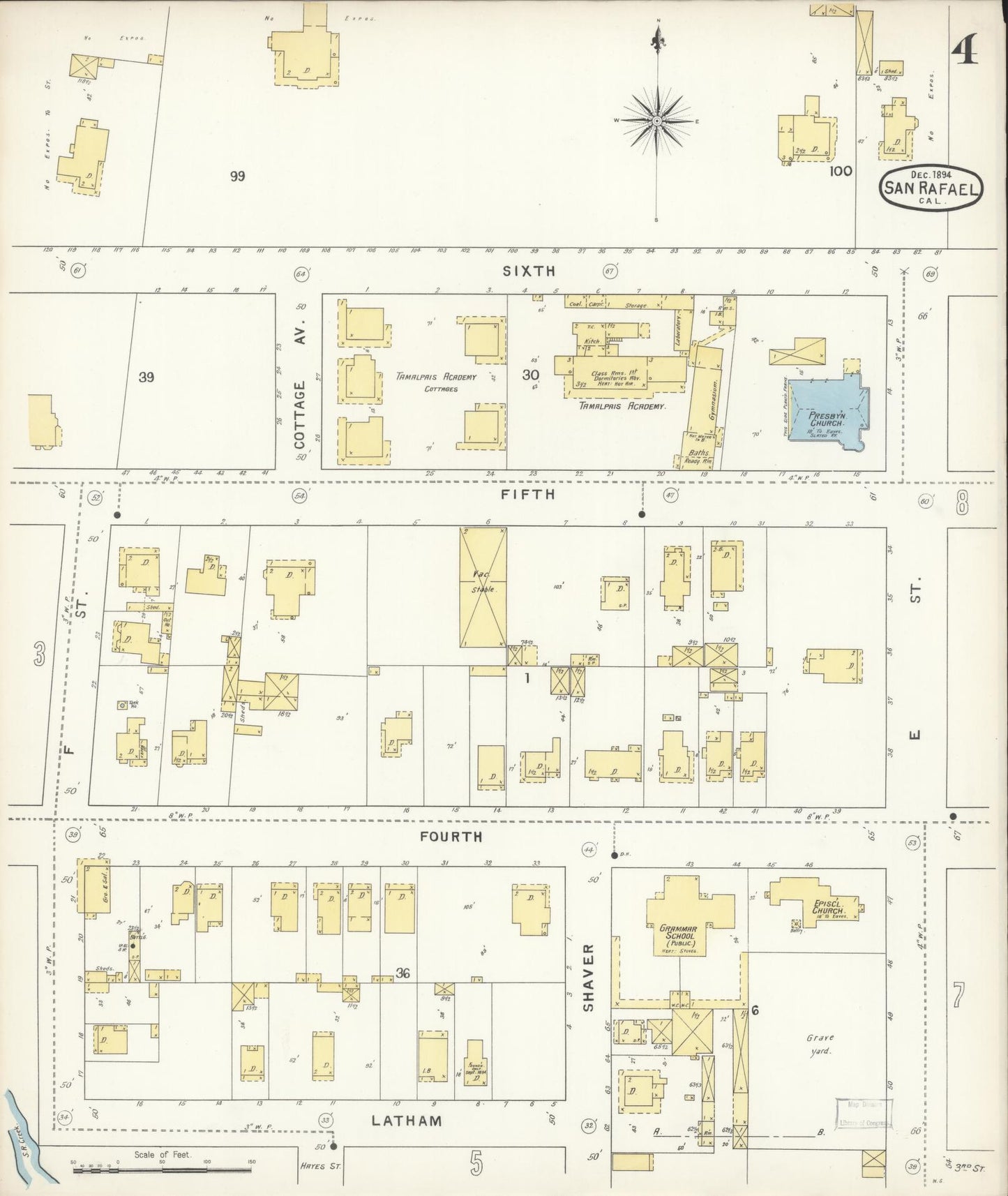 Sanborn Fire Insurance Map from San Rafael, Marin County, California (1894), Sheet #0004 - Complete Map Set gallery image, historic Sanborn map, vintage wall art, California California