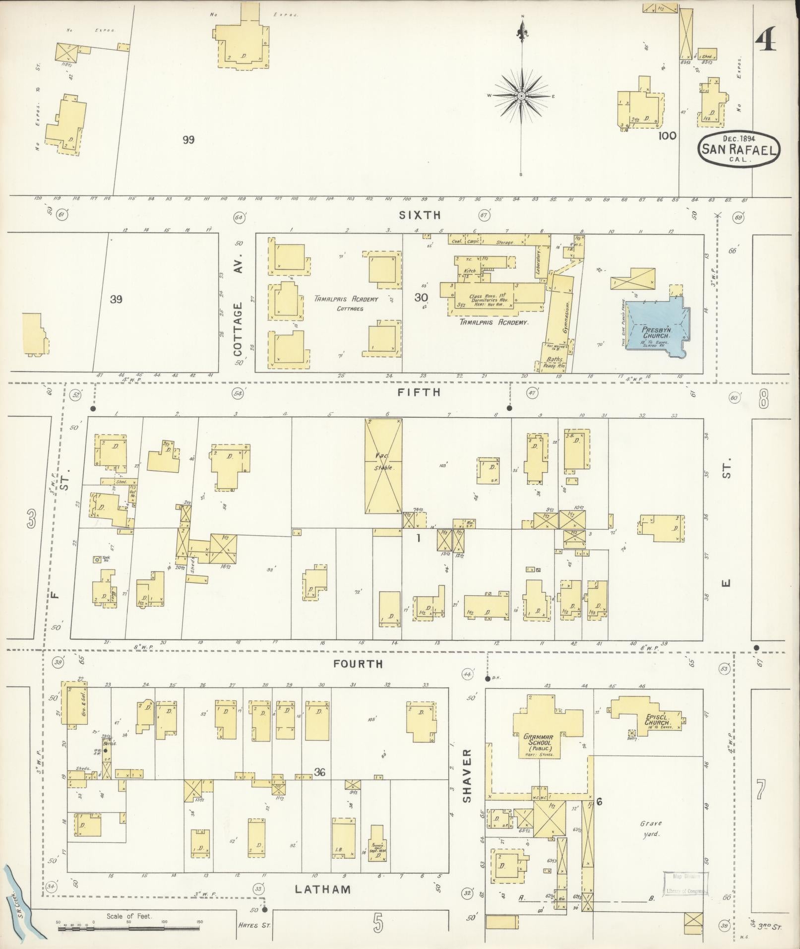 Sanborn Fire Insurance Map from San Rafael, Marin County, California (1894), Sheet #0004 - Complete Map Set gallery image, historic Sanborn map, vintage wall art, California California