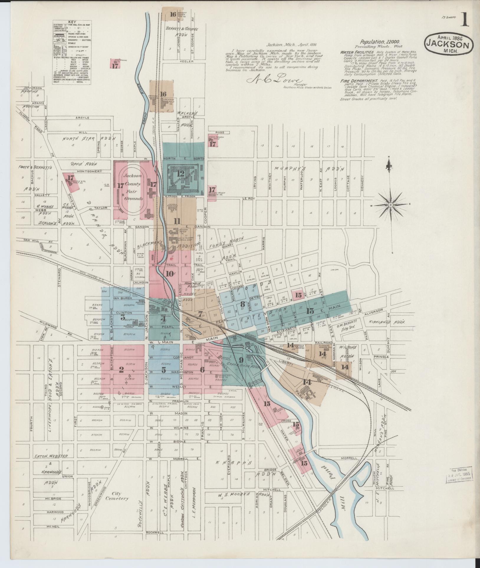 Sanborn Fire Insurance Map from Jackson, Jackson County, Michigan (1886), Sheet #0001 - Complete Map Set gallery image, historic Sanborn map, vintage wall art, Michigan Michigan
