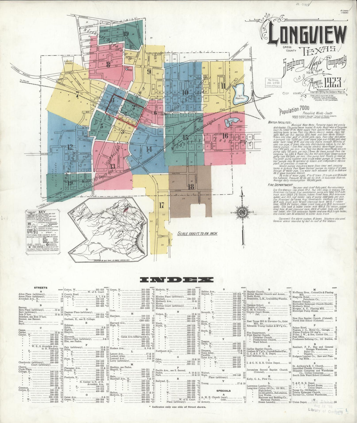 Sanborn Fire Insurance Map from Longview, Gregg County, Texas (1923), Sheet #0001 - Historic Sanborn Fire Insurance Map Print, vintage old map wall art, antique decor, genealogy gift, Texas Texas map