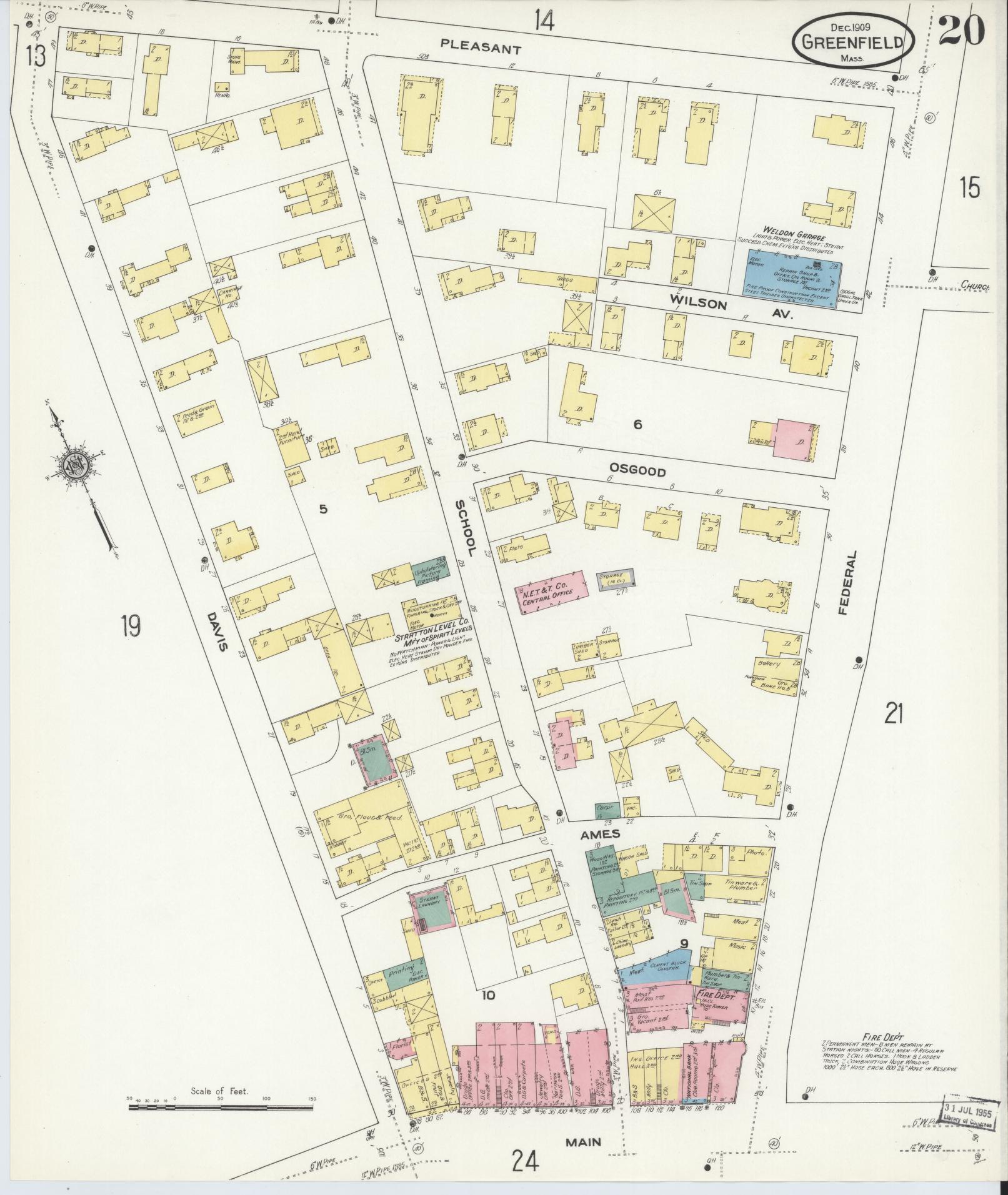 Sanborn Fire Insurance Map from Greenfield, Franklin County, Massachusetts (1909), Sheet #0020 - Historic Sanborn Fire Insurance Map Print, vintage old map wall art, antique decor, genealogy gift, Massachusetts Massachusetts map