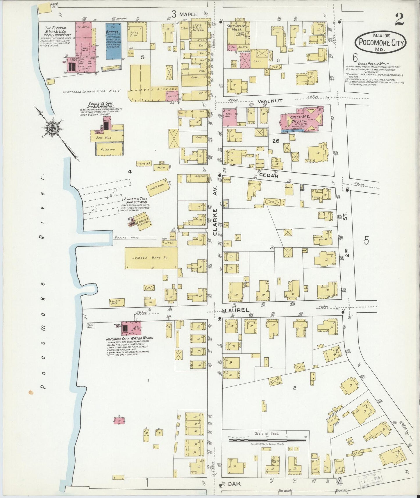 Sanborn Fire Insurance Map from Pocomoke City, Worcester County, Maryland (1919), Sheet #0002 - Historic Sanborn Fire Insurance Map Print, vintage old map wall art