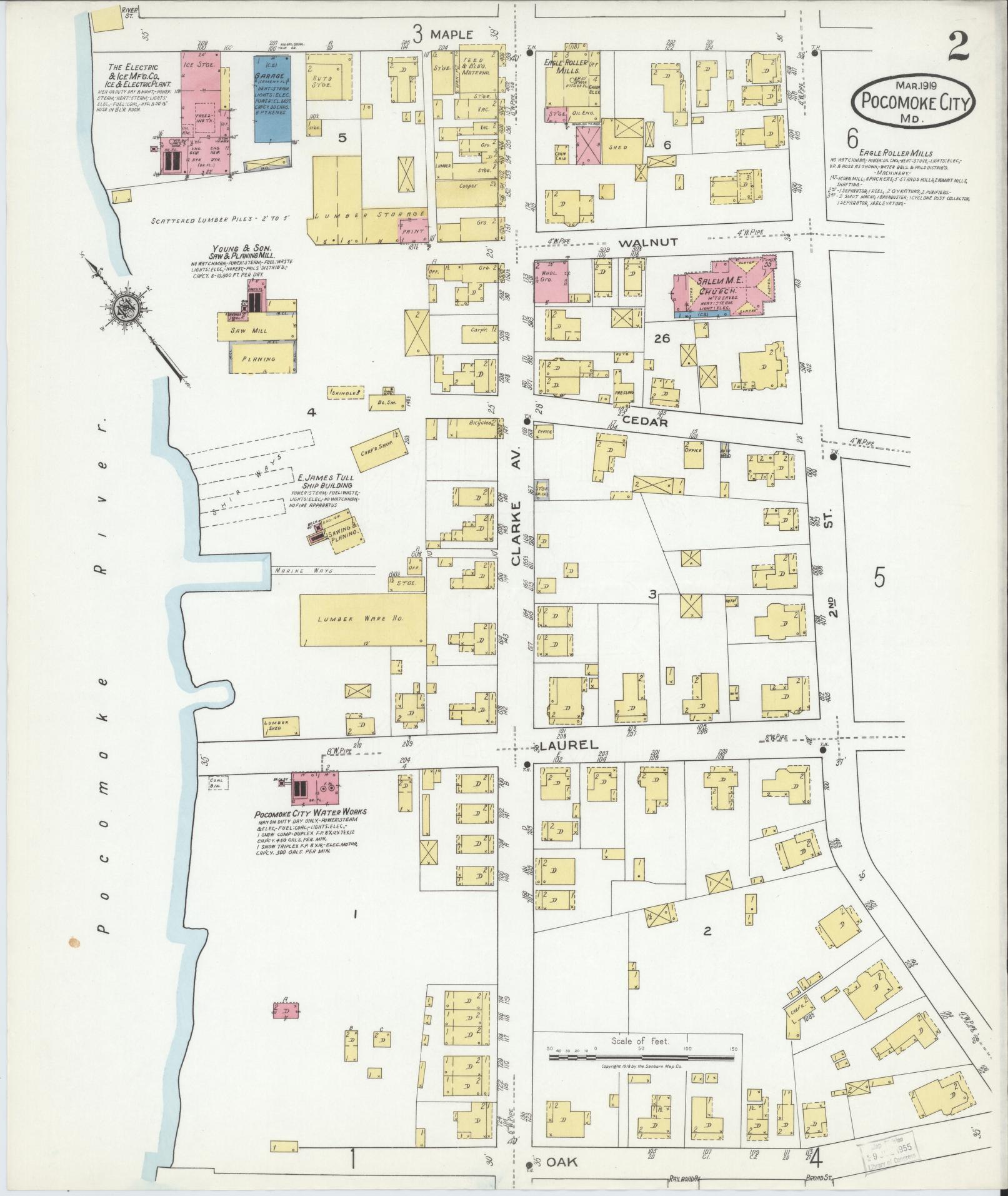 Sanborn Fire Insurance Map from Pocomoke City, Worcester County, Maryland (1919), Sheet #0002 - Historic Sanborn Fire Insurance Map Print, vintage old map wall art