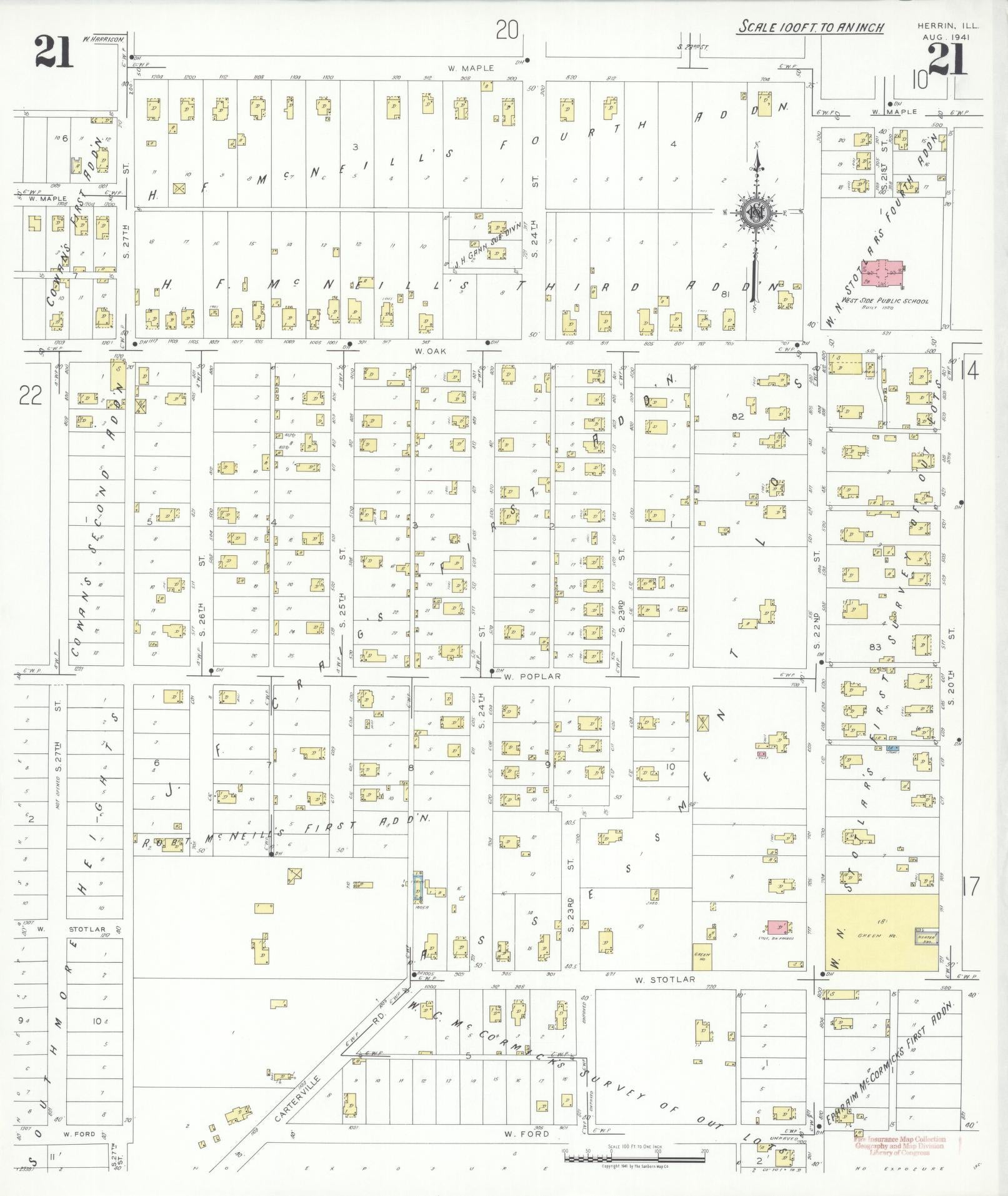 Sanborn Fire Insurance Map from Herrin, Williamson County, Illinois (1941), Sheet #0021 - Complete Map Set gallery image, historic Sanborn map, vintage wall art, Illinois Illinois